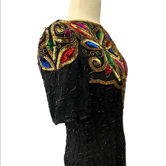 VINTAGE STENAY 1990s SILK AND SEQUIN BEADED BLACK COCKTAIL DRESS SIZE ME… - Picture 13 of 14